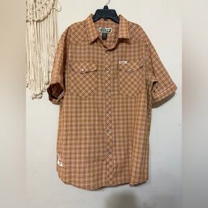 Raw Blue Short-Sleeve Plaid Button-Down Shirt - Orange/Brown